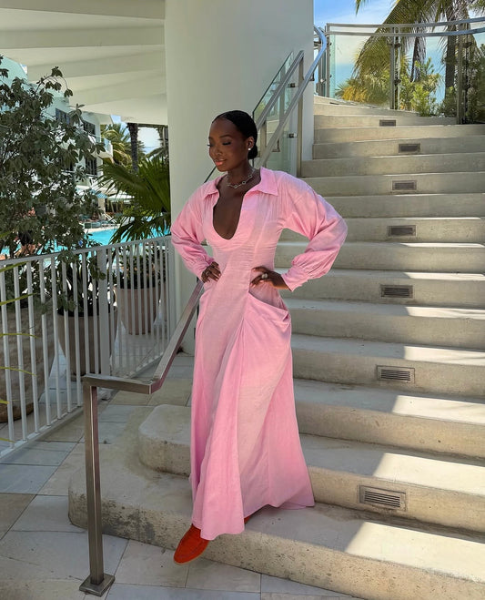 Zaela Linen Maxi Long sleeve dress in cotton candy pink.