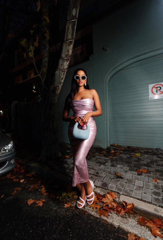 Emani Metallic Strapless Dress.