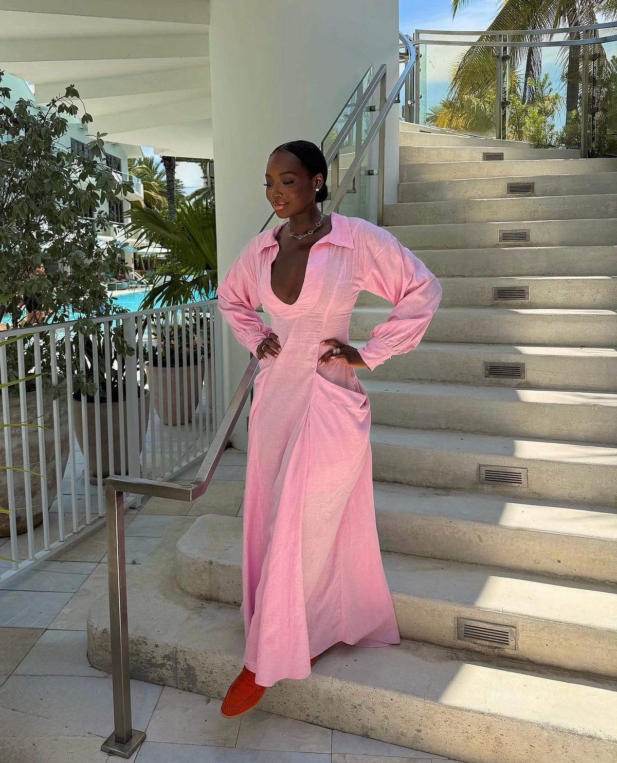 Zaela Linen Maxi Long sleeve dress in cotton candy pink.