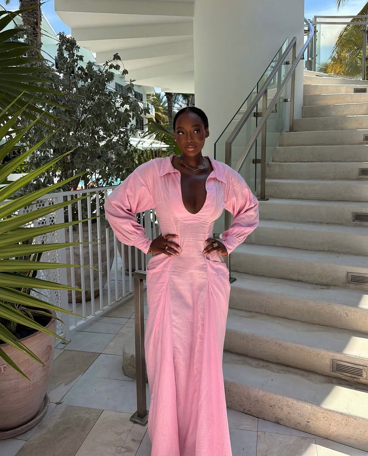 Zaela Linen Maxi Long sleeve dress in cotton candy pink.
