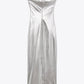 Emani Metallic Strapless dress in silver.