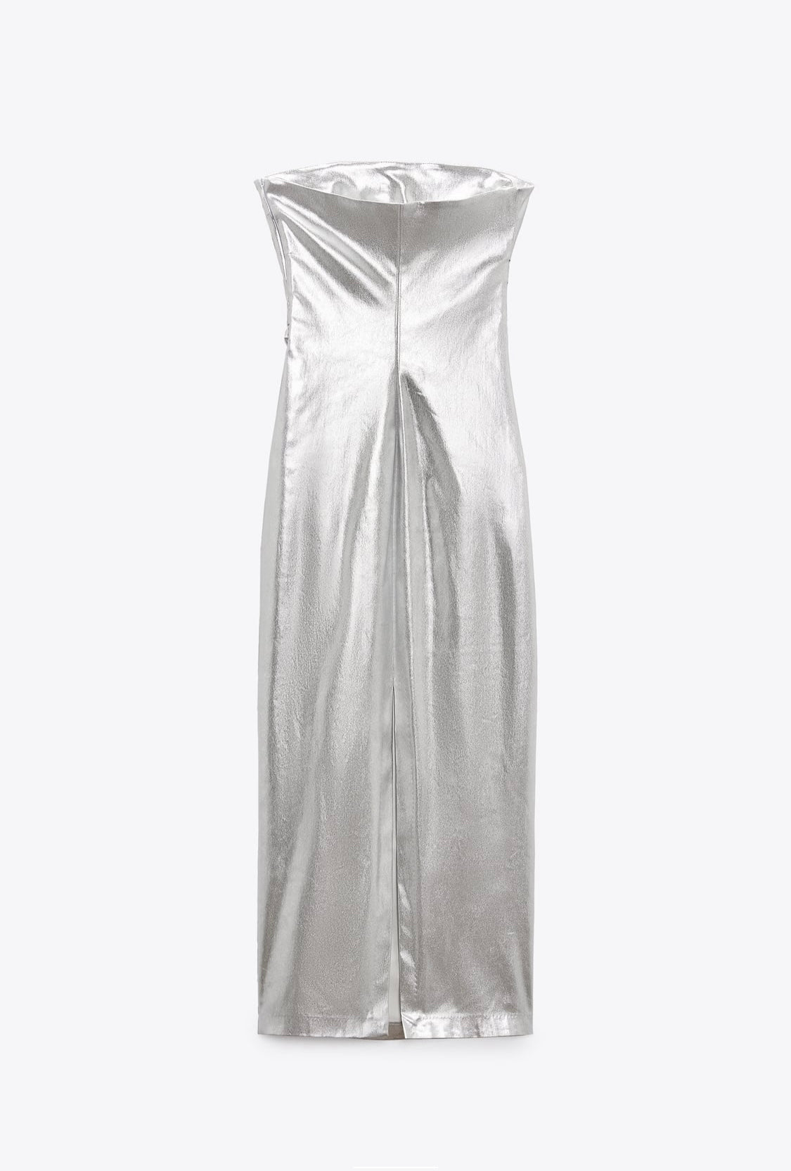 Emani Metallic Strapless dress in silver.